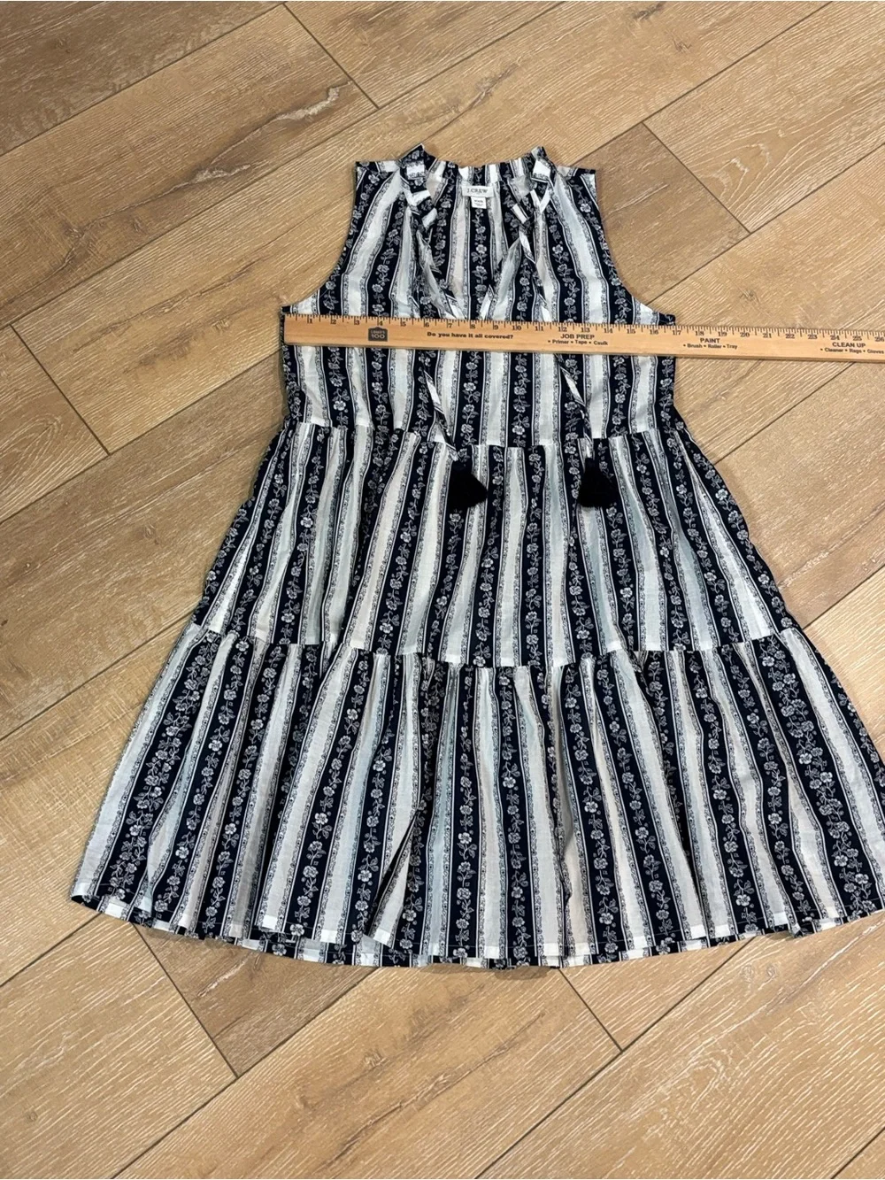J.Crew Navy & White Floral Stripe Tiered Mini Dress XXS 100% Cotton Tassel Boho